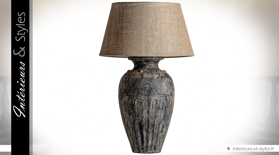 Grande lampe de table avec pied en forme de vase en ballustre en ciment vieilli 97 cm