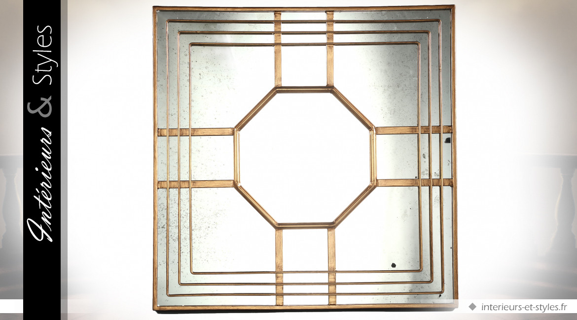 Miroir Art Déco figures géométriques finition effet métal doré 60 cm