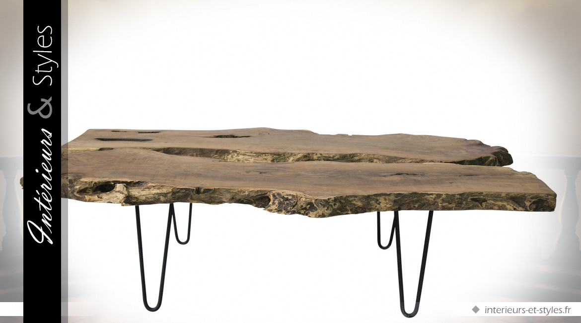 Table basse en suar massif brut sur socle en métal 139 cm