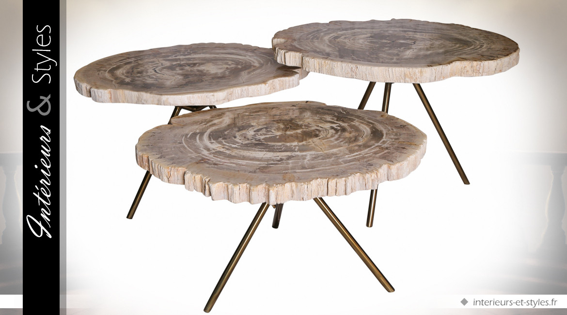 Série de trois tables basses en bois pétrifié coloris clair (60 cm)