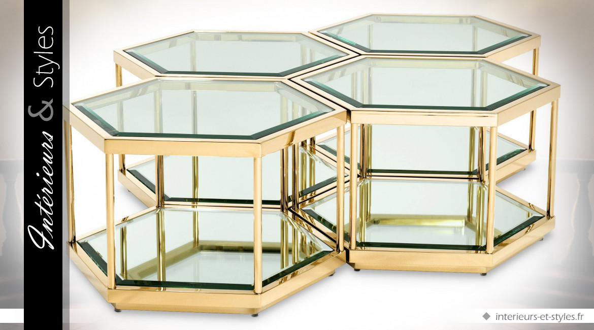 Ensemble de 4 tables basses design hexagonales dorées Eichholtz