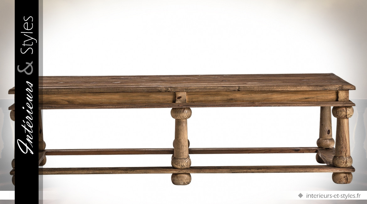Table basse en pin recyclé avec 6 pieds en bois tourné style rustique 158 cm