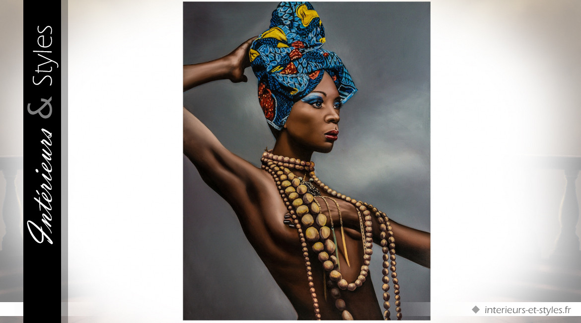 Très grand tableau sur toile représentant une jeune femme africaine 180 cm