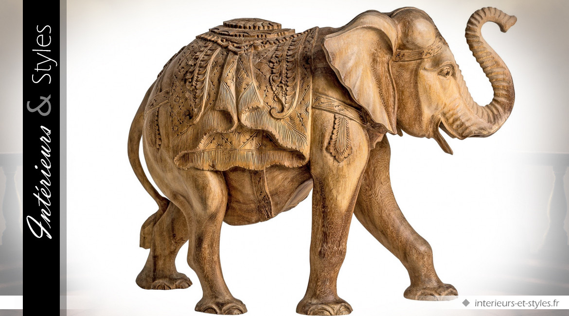 Scultpure d'éléphant artisanale sur bois de style oriental 66 cm