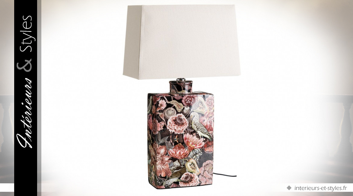 Lampe de table vintage et romantique en céramique fine motifs oiseaux et fleurs