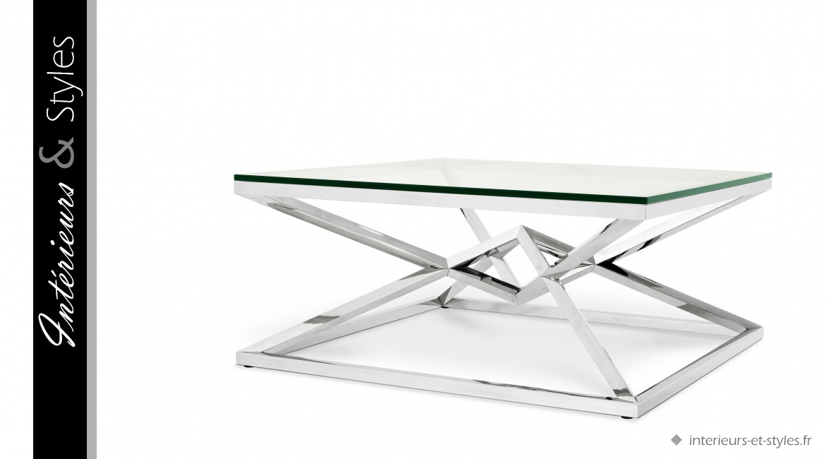 Table basse design Connor signée Eichholtz, forme carrée en acier finition nickelée et plateau en verre épais