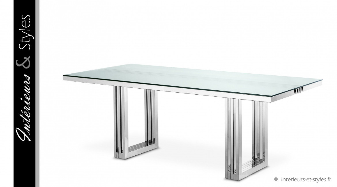 Table de salle à manger design Garibaldi signée Eichholtz, en acier chromé argent et plateau en verre épais