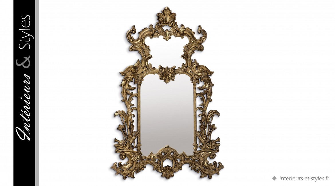 Grand miroir baroque Leighton signé Eichholtz, 190cm d'ornement en bois d'acajou sculpté et doré à la feuille d'or