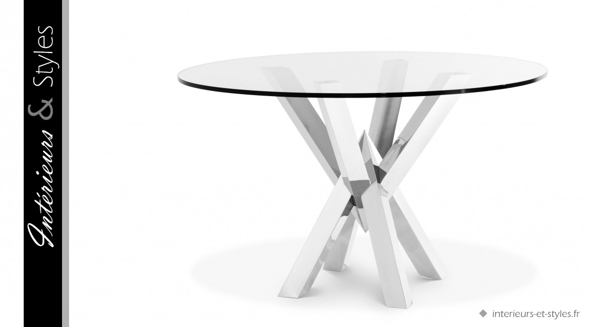 Table de salle à manger design Triumph signée Eichholtz, en acier finition nickelée et verre épais