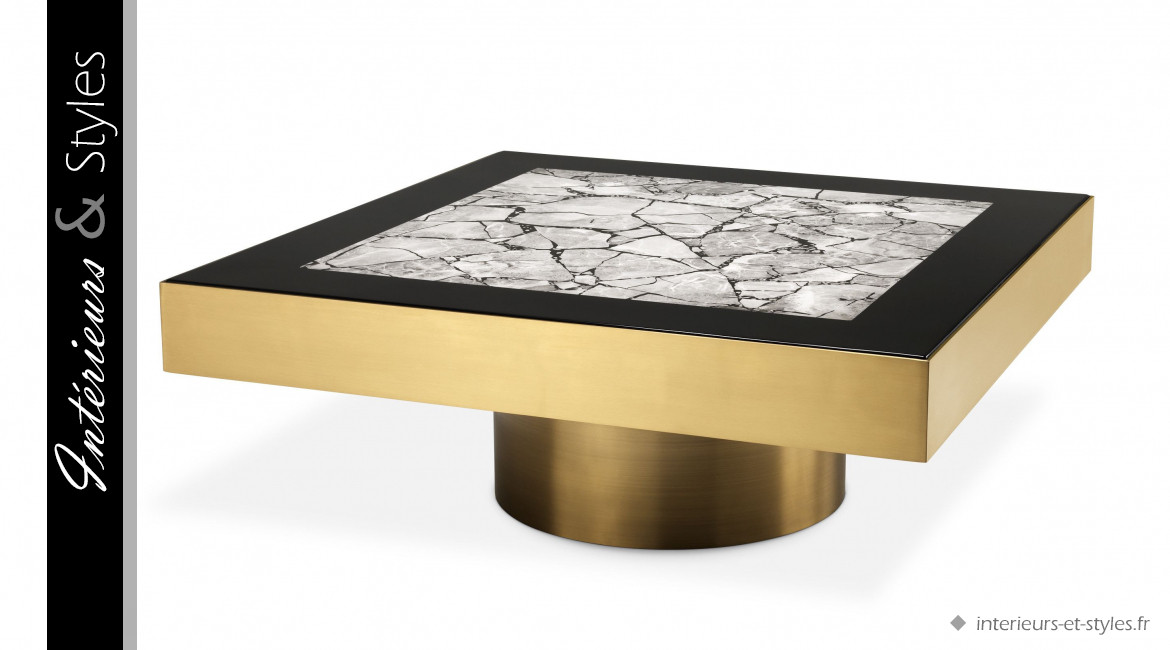 Table basse design Tatler signée Eichholtz, en acier finition laiton doré et plateau effet marbre