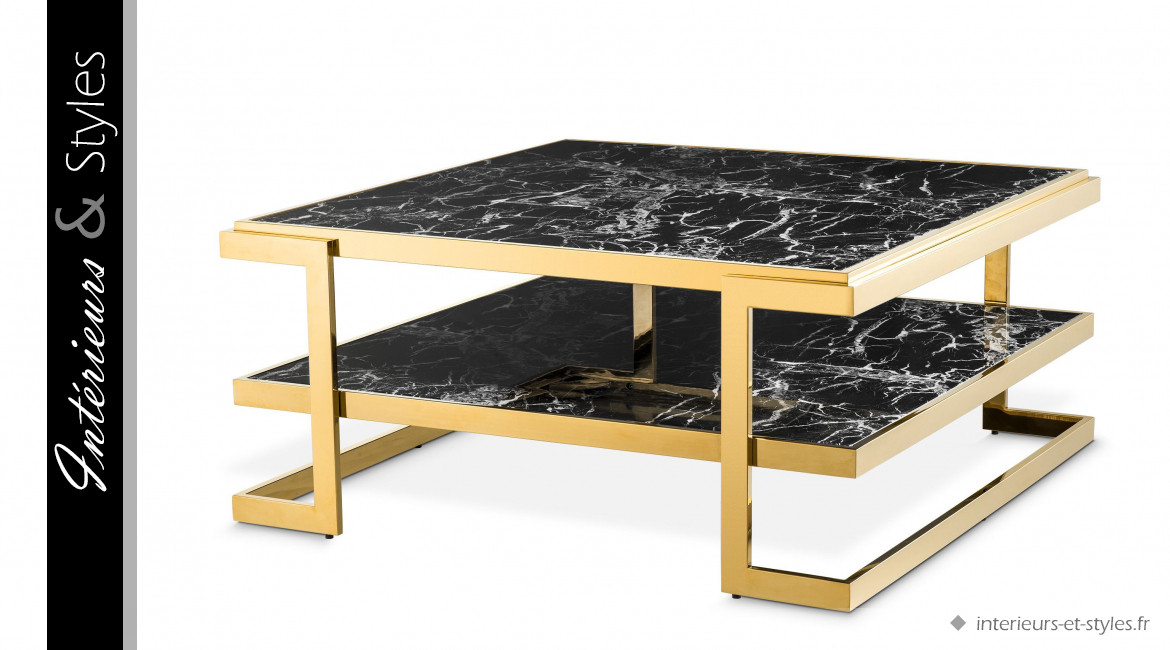 Table basse design Senato signée Eichholtz, en acier chromé doré et plateaux effet marbre noir veiné blanc