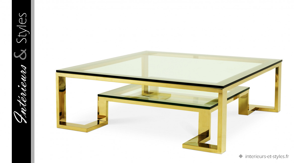 Table basse design Huntington signée Eichholtz, en acier chromé doré et plateaux en verre épais transparents