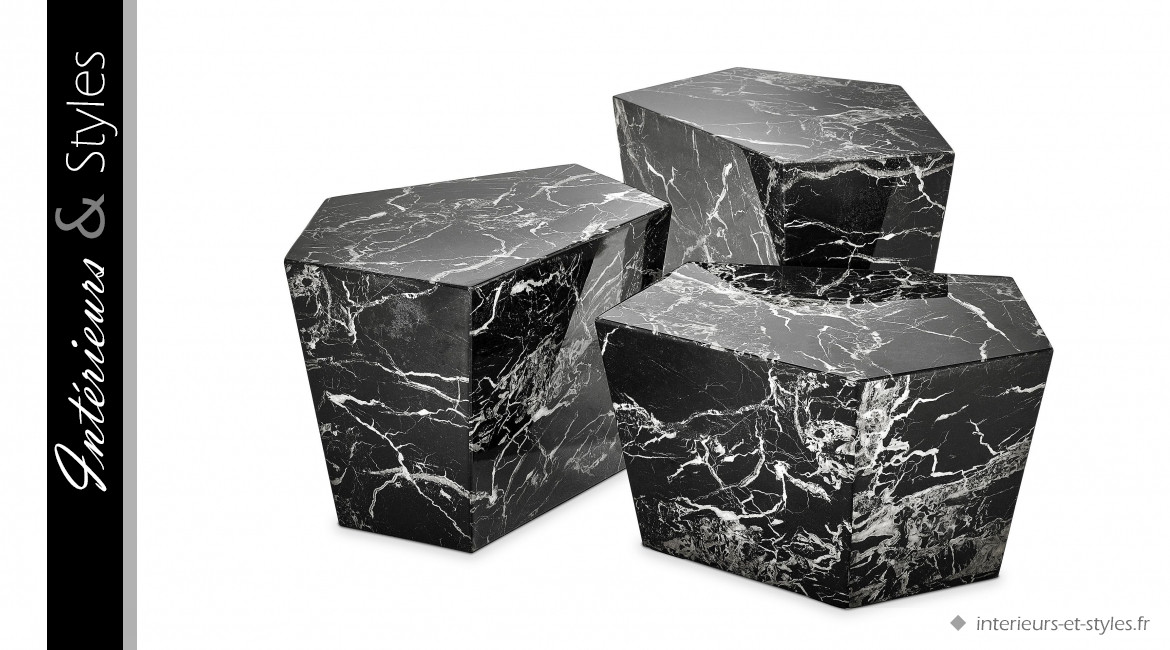 Bloc tables basses Prudential signées Eichholtz, effet marbre noir brut taillé dans la masse, série de trois pièces