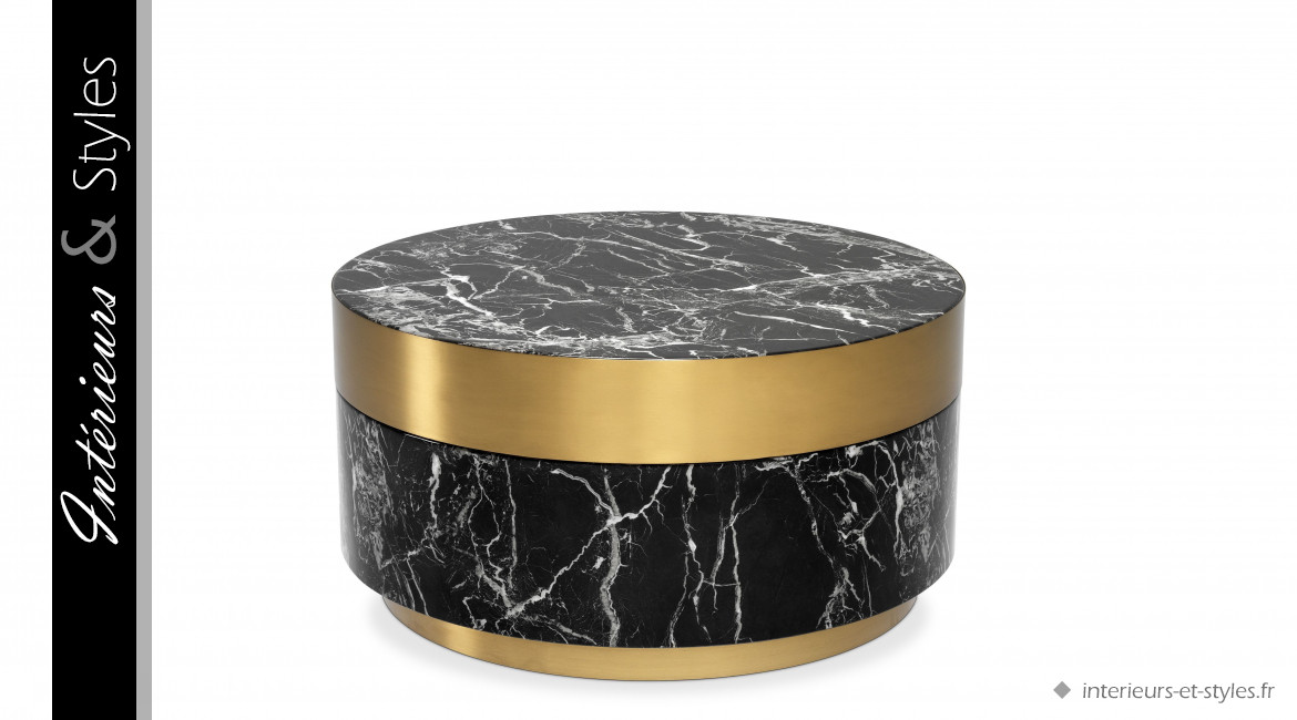 Table basse design Caron signée Eichholtz, effet marbre noir veiné blanc et laiton doré brossé