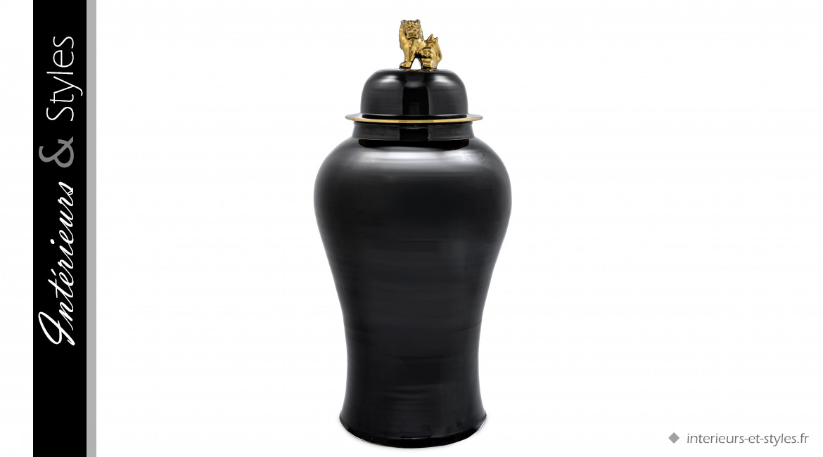 Vase Dragon Golden L signé Eichholtz, en porcelaine fine finition noire, sculpture de chien Fu