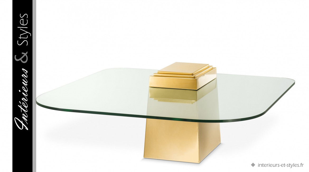 Table basse design Orient signée Eichholtz, en acier massif finition dorée et plateau en verre épais