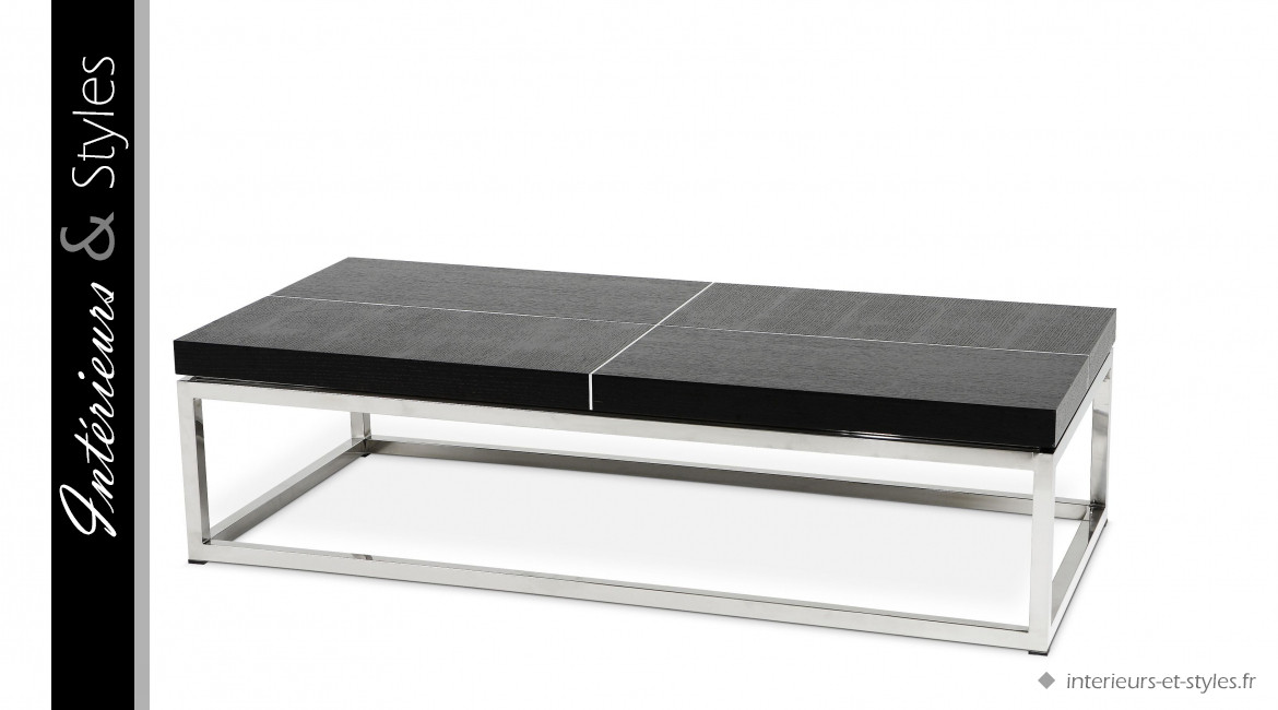 Table basse Magnum de Eichholtz, en acier chromé et placage chêne noir, 150cm