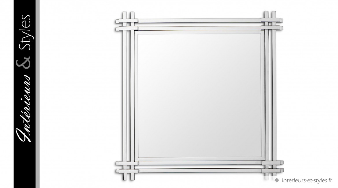 Miroir design Covent signé Eichholtz, forme carrée en acier chromé argent, ambiance graphique