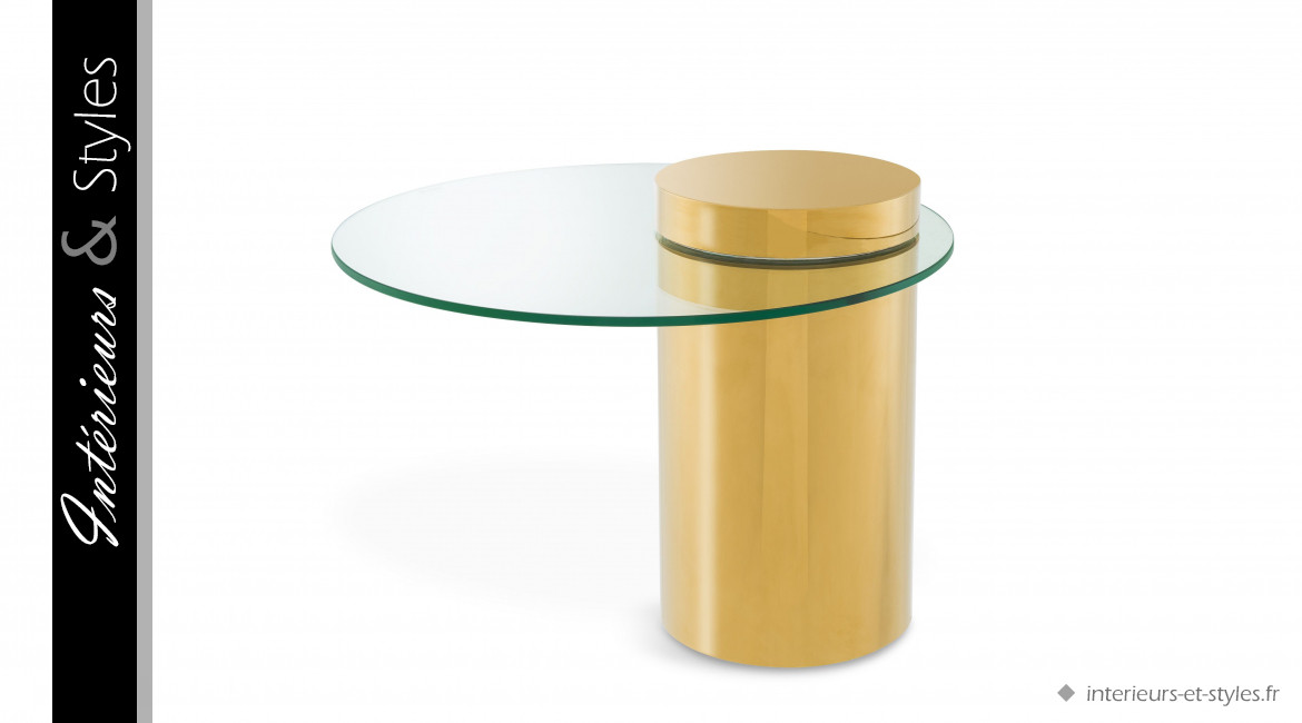 Table d'appoint design Equilibre signée Eichholtz, en métal finition dorée et plateau en verre épais