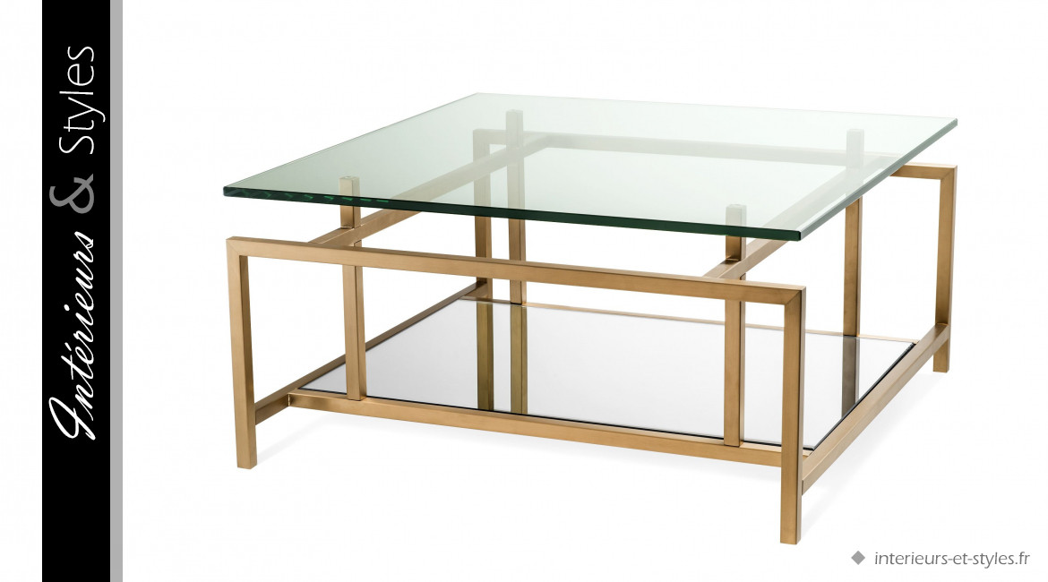 Table basse design Superia signée Eichholtz, en acier finition laiton doré et verre trempé