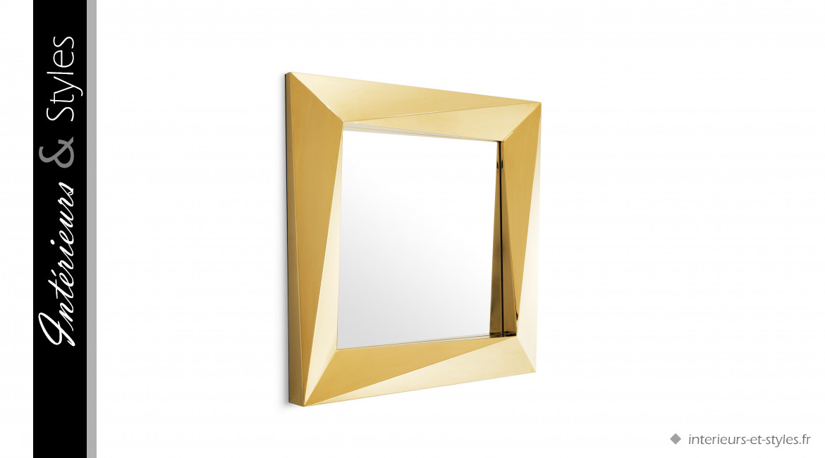 Miroir design Rivoli signé Eichholtz, forme carrée en acier inoxydable doré poli
