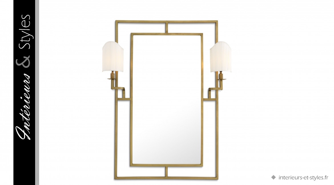 Miroir lumineux Astaire signé Eichholtz, en laiton antique finition dorée, ambiance Art Déco