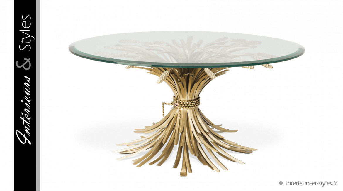 Table basse design Bonheur signée Eichholtz, base en épis métallique finition dorée et plateau en verre épais