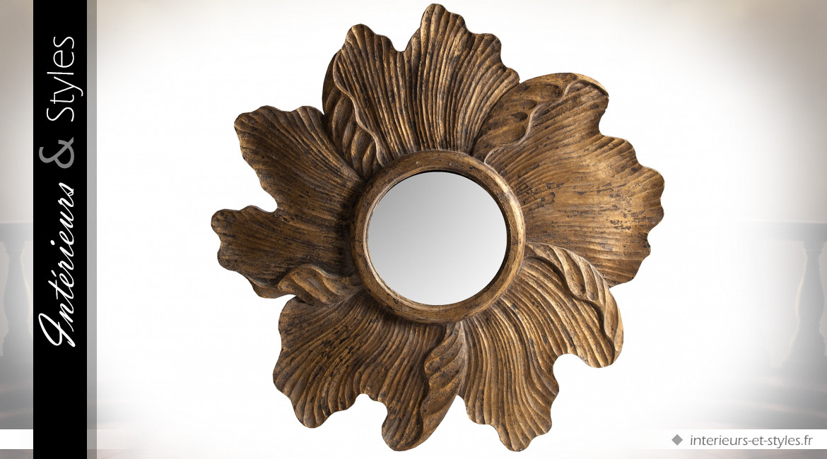 Miroir en bois sculpté en forme de grande fleur exotique Ø 116 cm