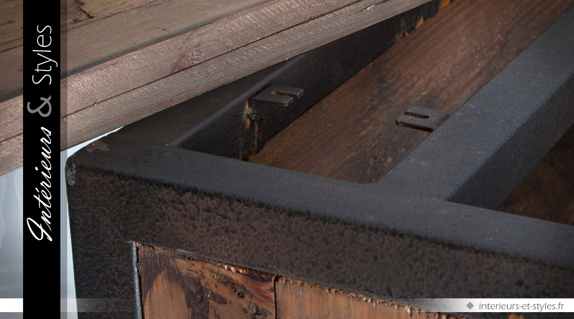 Meuble bar rustico-industriel avec comptoir et nombreux rangements 160 cm