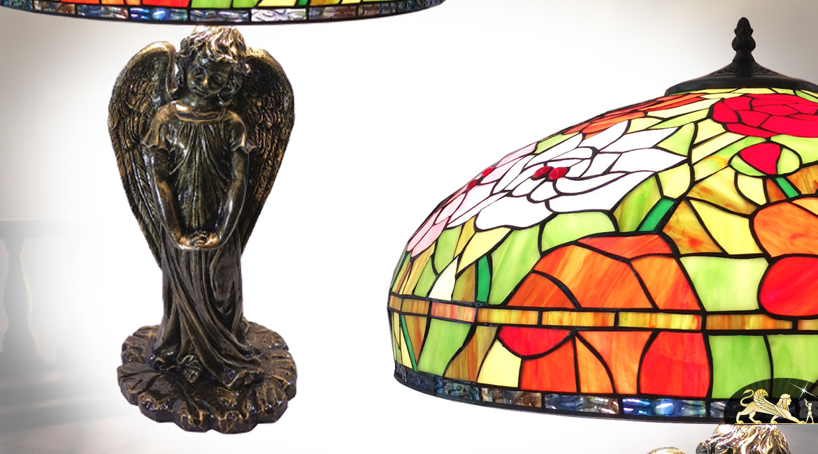 Grande lampe de style Tiffany, Ange Camael, Ø57cm / 83cm