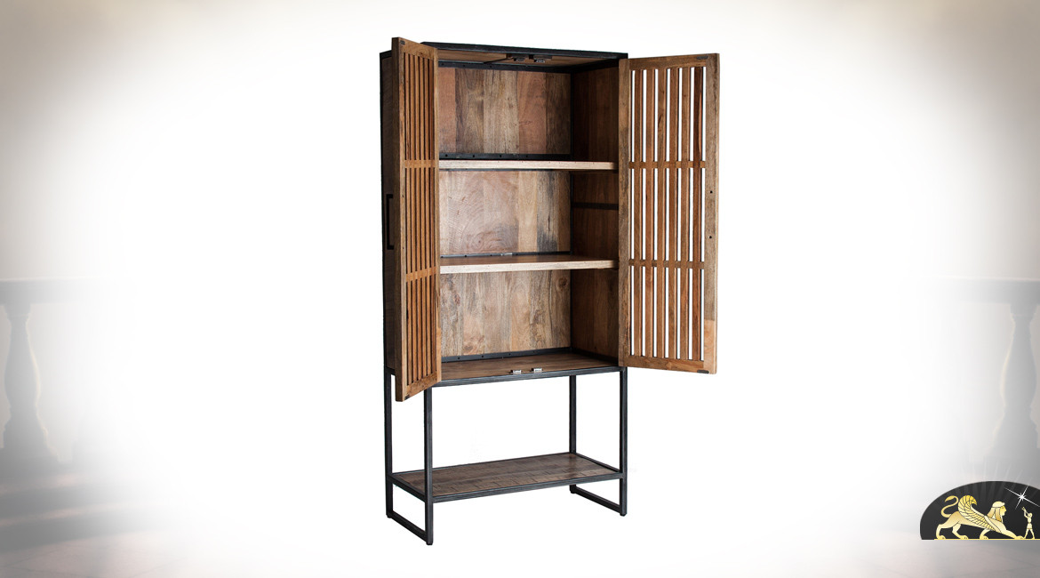 Armoire en bois manguier et métal noir vieilli, 2 portes et 4 niveaux d'étagères, 195cm