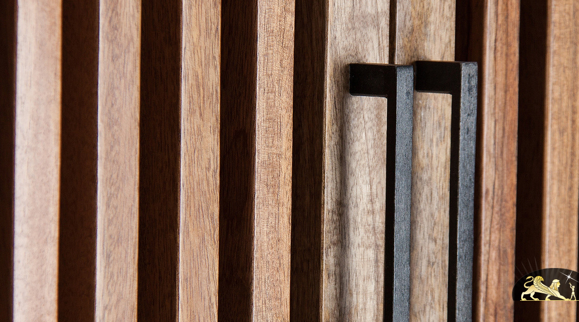 Armoire en bois manguier et métal noir vieilli, 2 portes et 4 niveaux d'étagères, 195cm