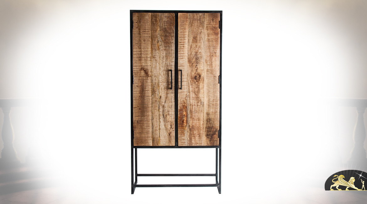 Armoire dressing en bois de manguier massif et métal noir vieilli, ambiance rustique chic, 181cm