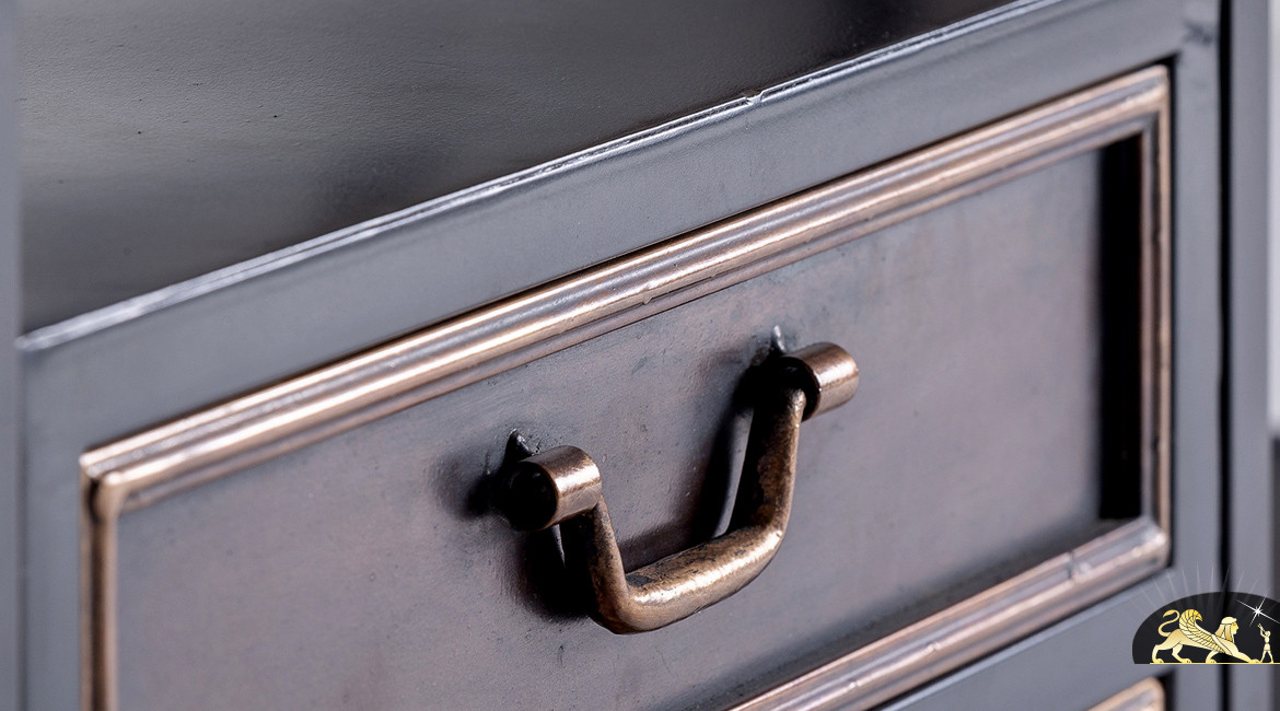 Meuble dressing ouvert en métal finition anthracite foncé, avec étagères, tiroirs et miroir pivotant, 186cm