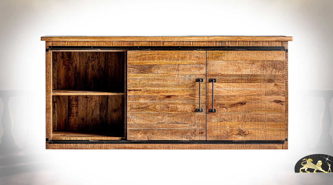 Buffet en bois de manguier massif et métal noir vieilli, 2 portes coulissantes et tiroirs centraux, 183cm