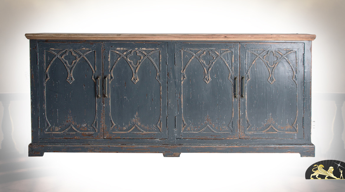 Buffet en bois d'orme à 4 portes, finition bleu minéral effet ancien, habillage des façades avec relief gothique, 198cm