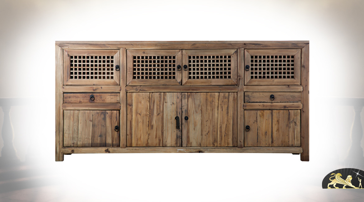 Buffet en bois de pin recyclé, 2 portes et 6 casiers, 2 tiroirs, ambiance rustique chic, 190cm