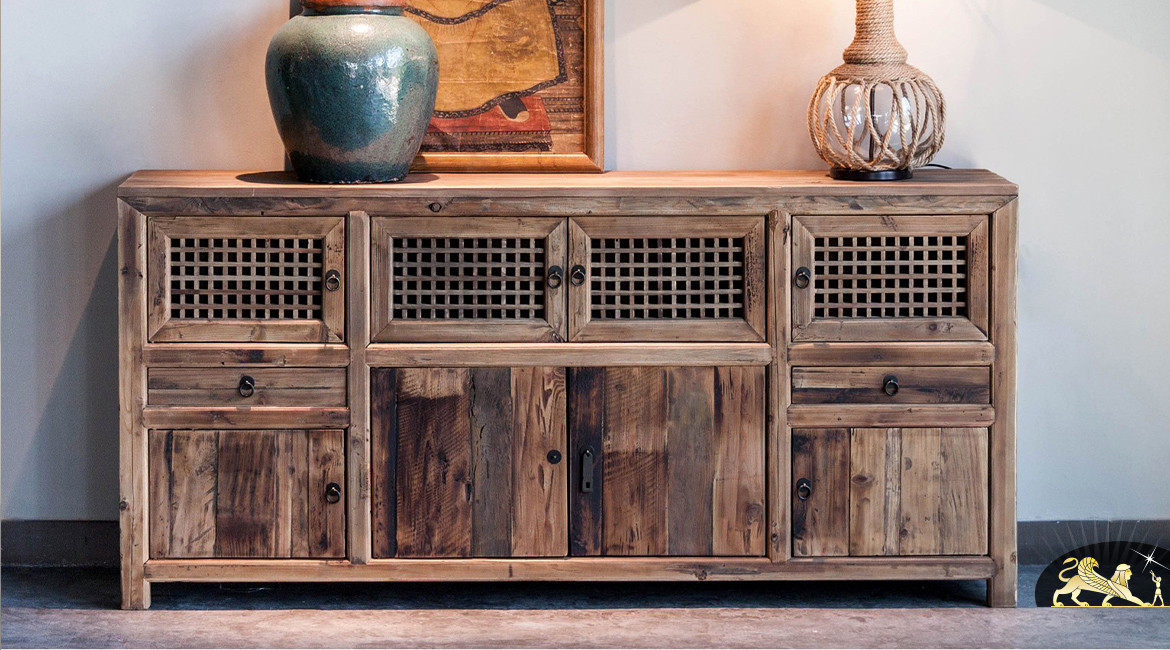 Buffet en bois de pin recyclé, 2 portes et 6 casiers, 2 tiroirs, ambiance rustique chic, 190cm