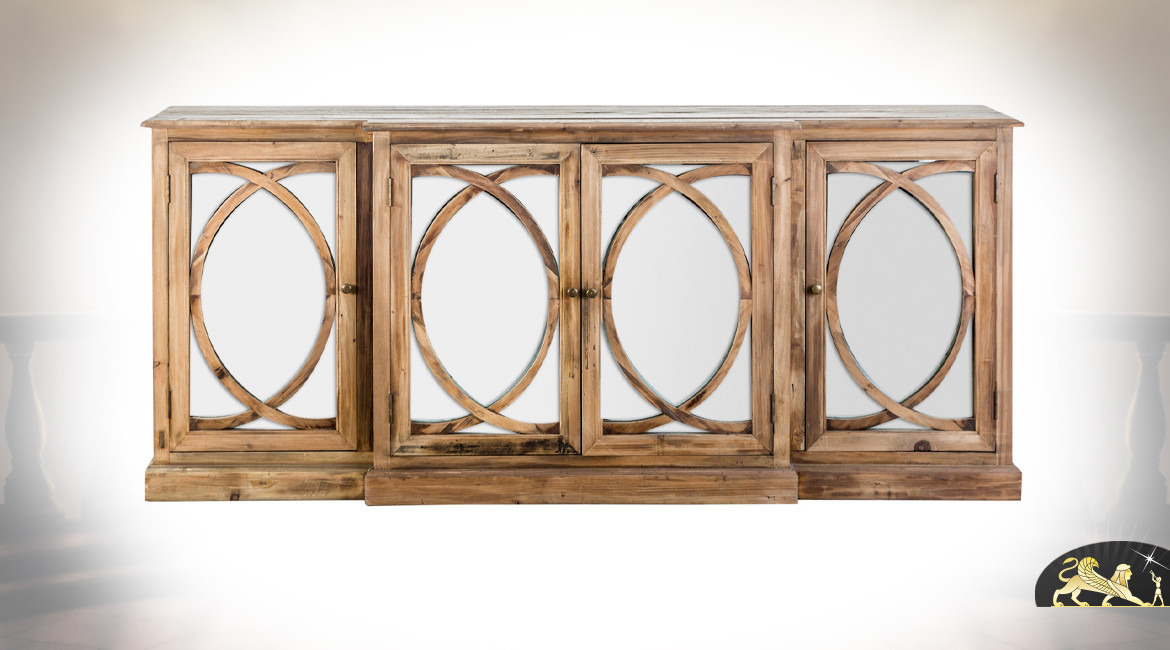 Buffet en bois de pin recyclé avec façades miroir en cercles entrecroisés, ambiance charme rustique, 205cm