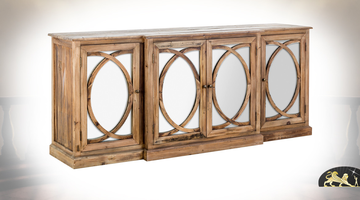 Buffet en bois de pin recyclé avec façades miroir en cercles entrecroisés, ambiance charme rustique, 205cm