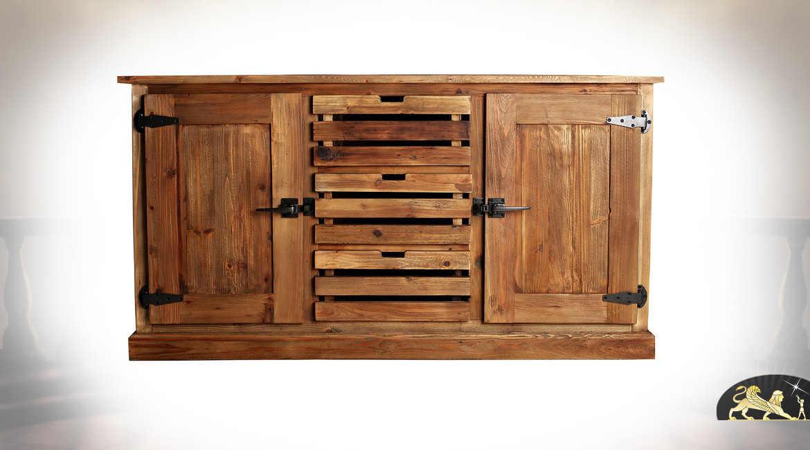Buffet en bois de pin recyclé, style rustique industriel, 2 portes et 3 tiroirs centraux, poignées frigo ancien, 160cm