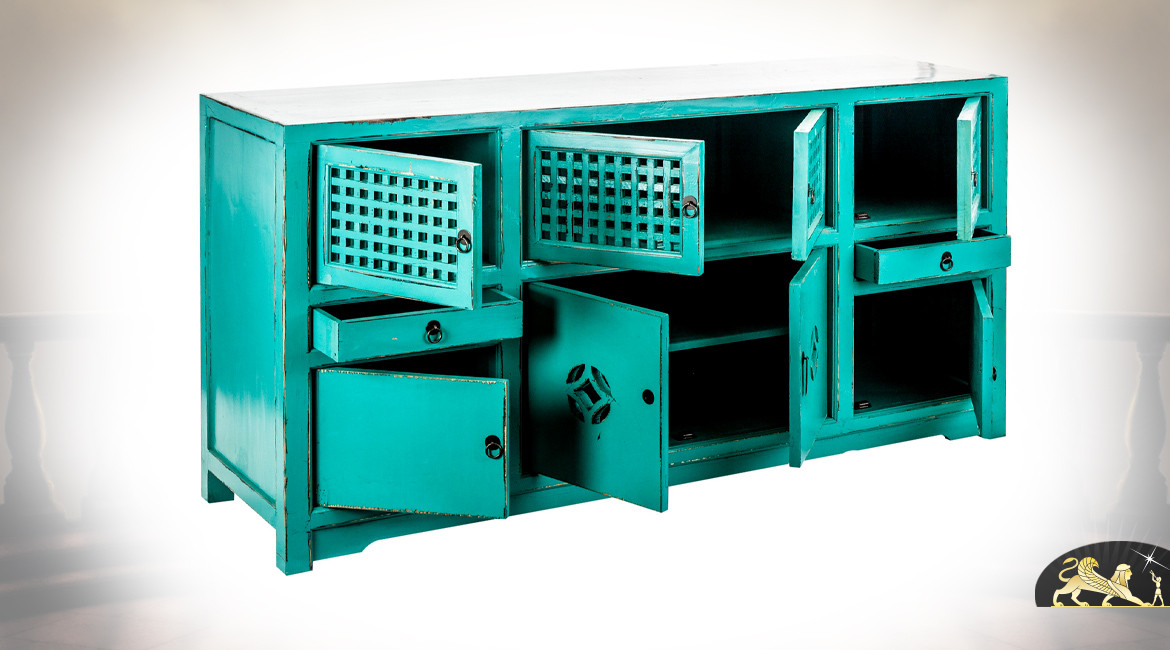 Buffet en bois de pin recyclé finition bleu turquoise vieilli, 2 portes, 6 casiers et 2 tiroirs, 180cm