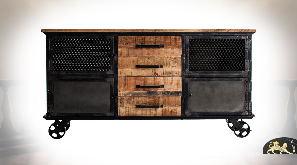 Buffet de style industriel en bois de manguier et métal charbon vieilli, 4 casiers et 4 tiroirs centraux, 154cm