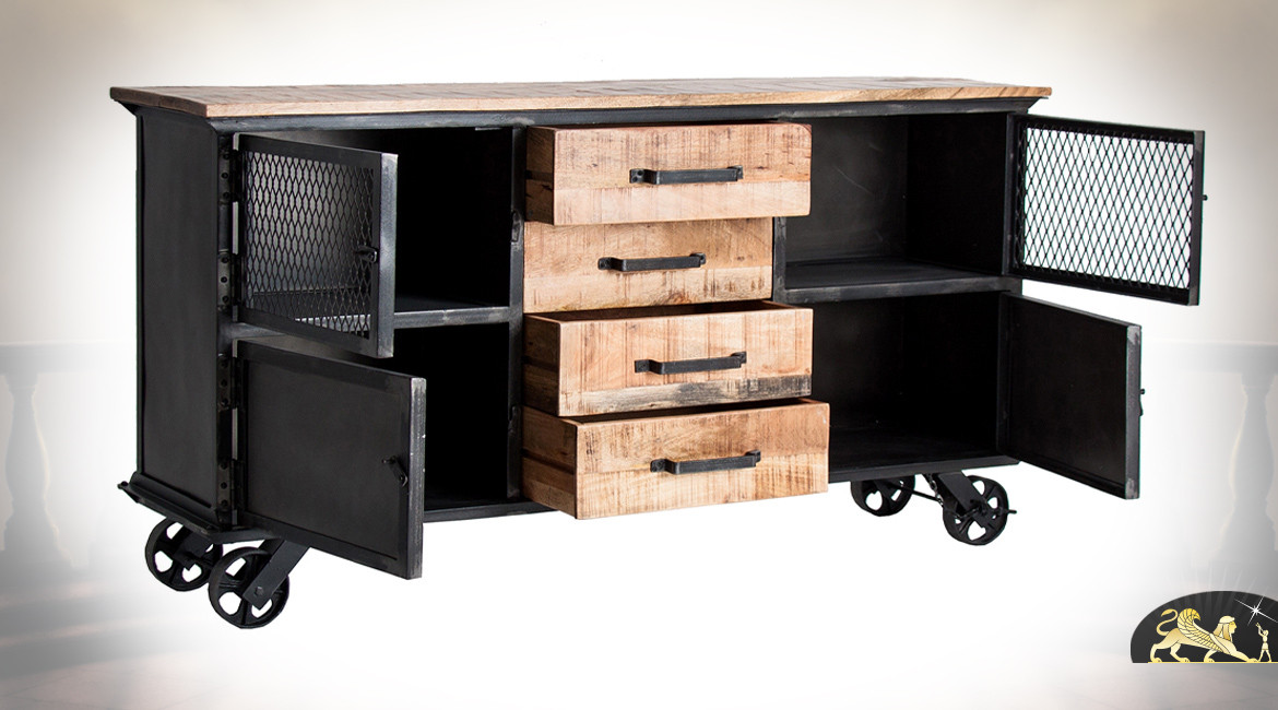 Buffet de style industriel en bois de manguier et métal charbon vieilli, 4 casiers et 4 tiroirs centraux, 154cm