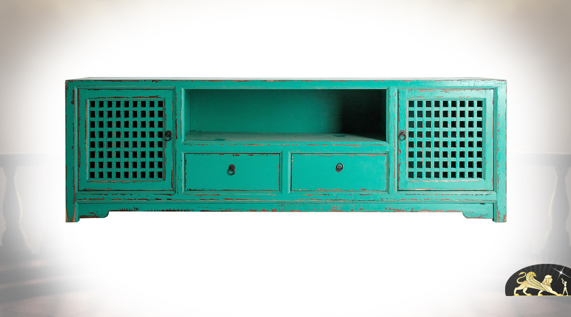 Grand meuble TV en bois de pin recyclé, finition turquoise effet vieilli, 2 casiers ajourés et 2 tiroirs; 200cm