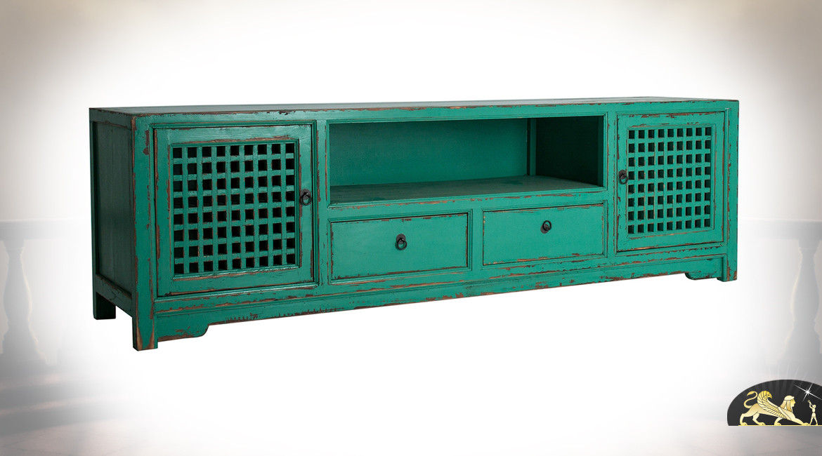 Grand meuble TV en bois de pin recyclé, finition turquoise effet vieilli, 2 casiers ajourés et 2 tiroirs; 200cm