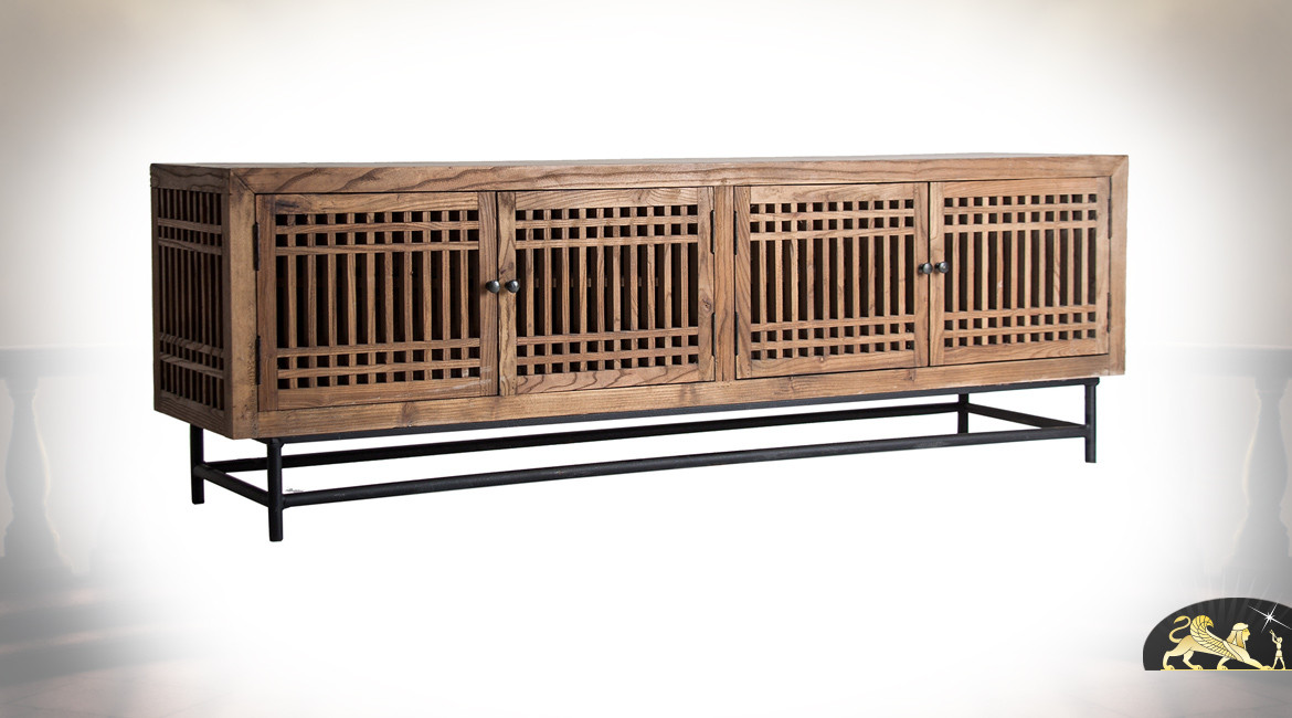 Grand meuble TV en bois de sapin finition brut vieilli, 4 portes et étagère centrale, ambiance moderne, 200cm