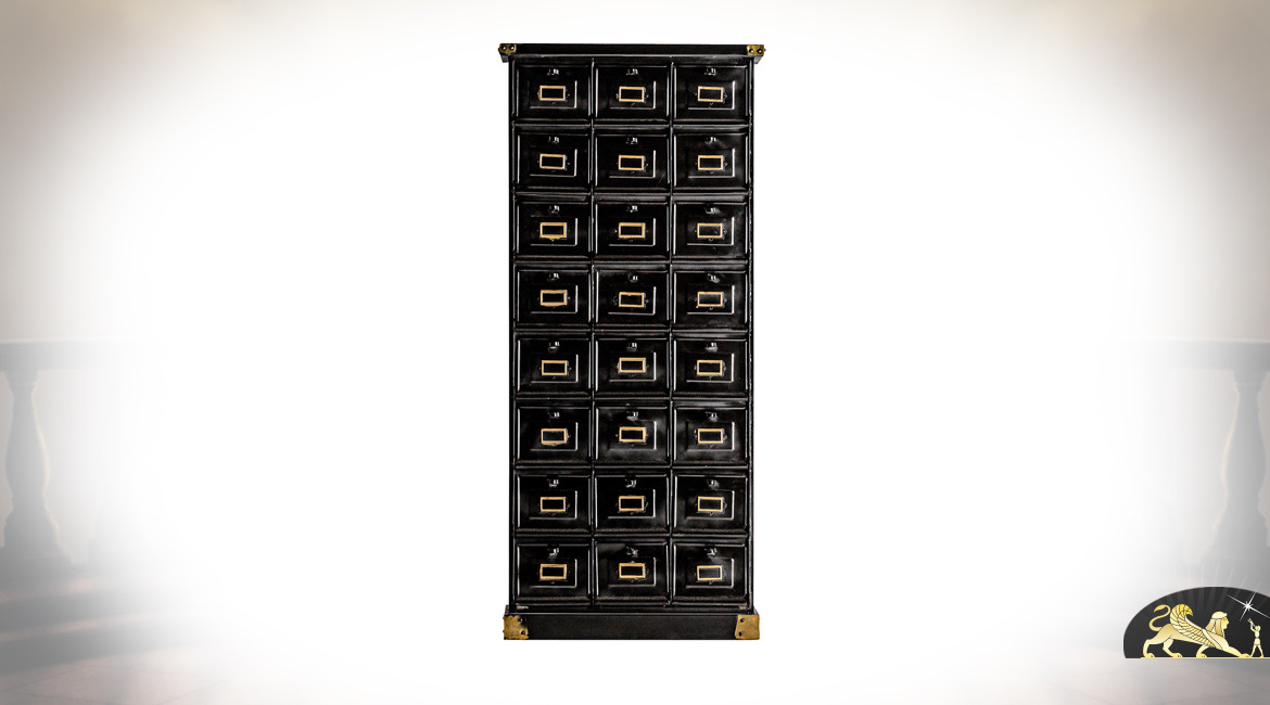 Meuble à 24 casiers en métal finition charbon vieilli et laiton, avec porte-étiquettes, ambiance tri postal, 180cm