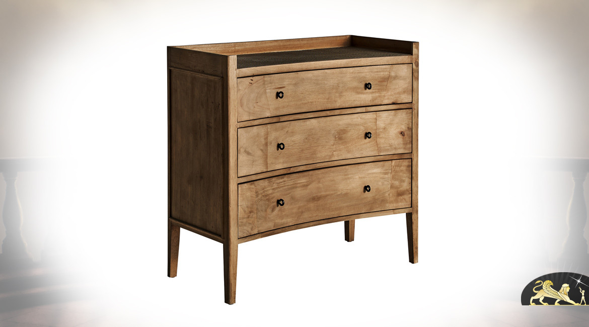Commode en bois de sapin avec façade incurvée, 3 tiroirs, finition brut naturel, ambiance rustique chic, 91cm