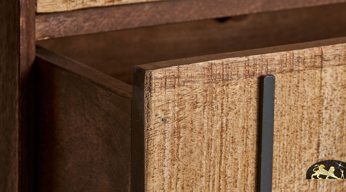 Commode en bois de manguier brut à 3 tiroirs avec piètement en métal, de style moderne, 100cm